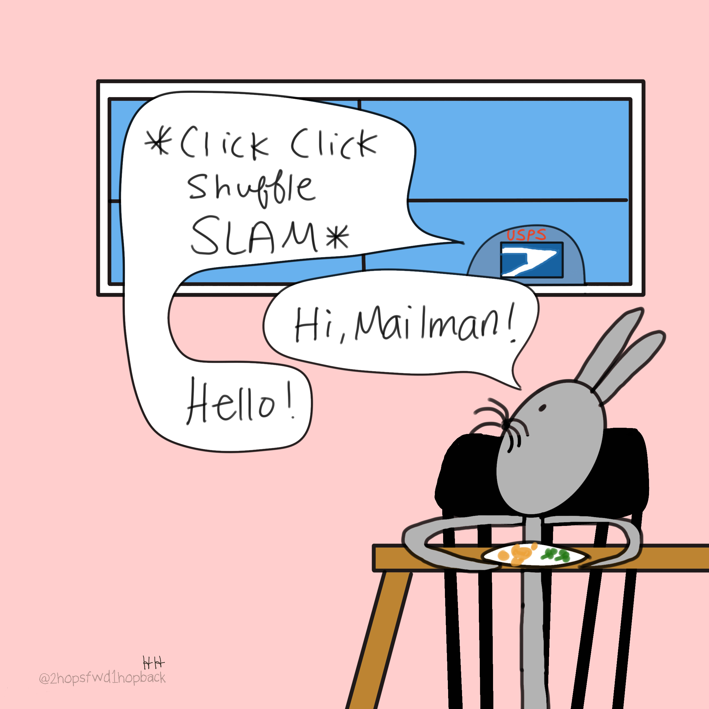 A061 - 2 hops forward 1 hop back - webcomic - child bunny interacts with mailman through the open window behind him, knowing it's the mailman via the sounds he makes