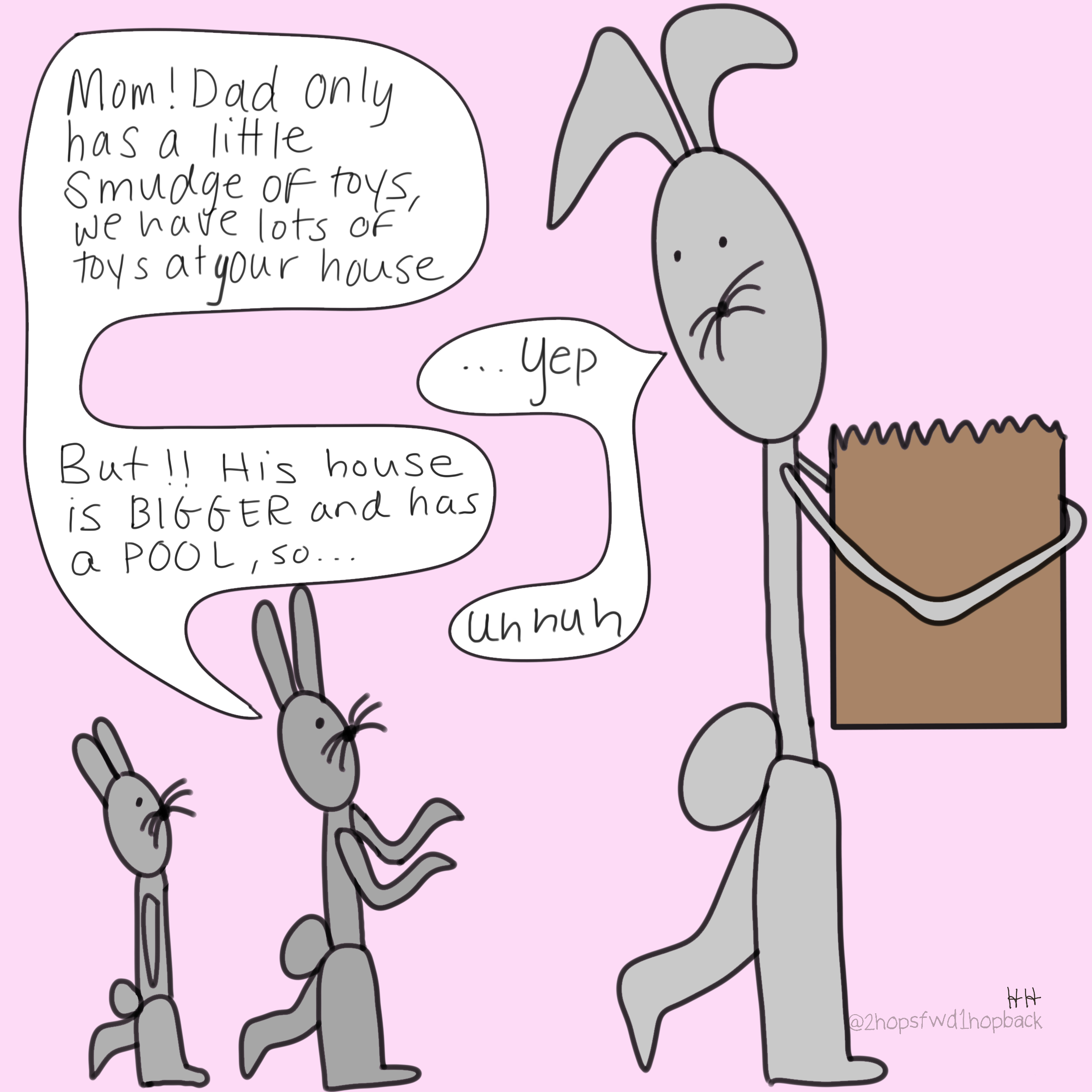 A035 - 2 hops forward 1 hop back - webcomic - child bunny compares pros and cons of mom's house versus dad's house