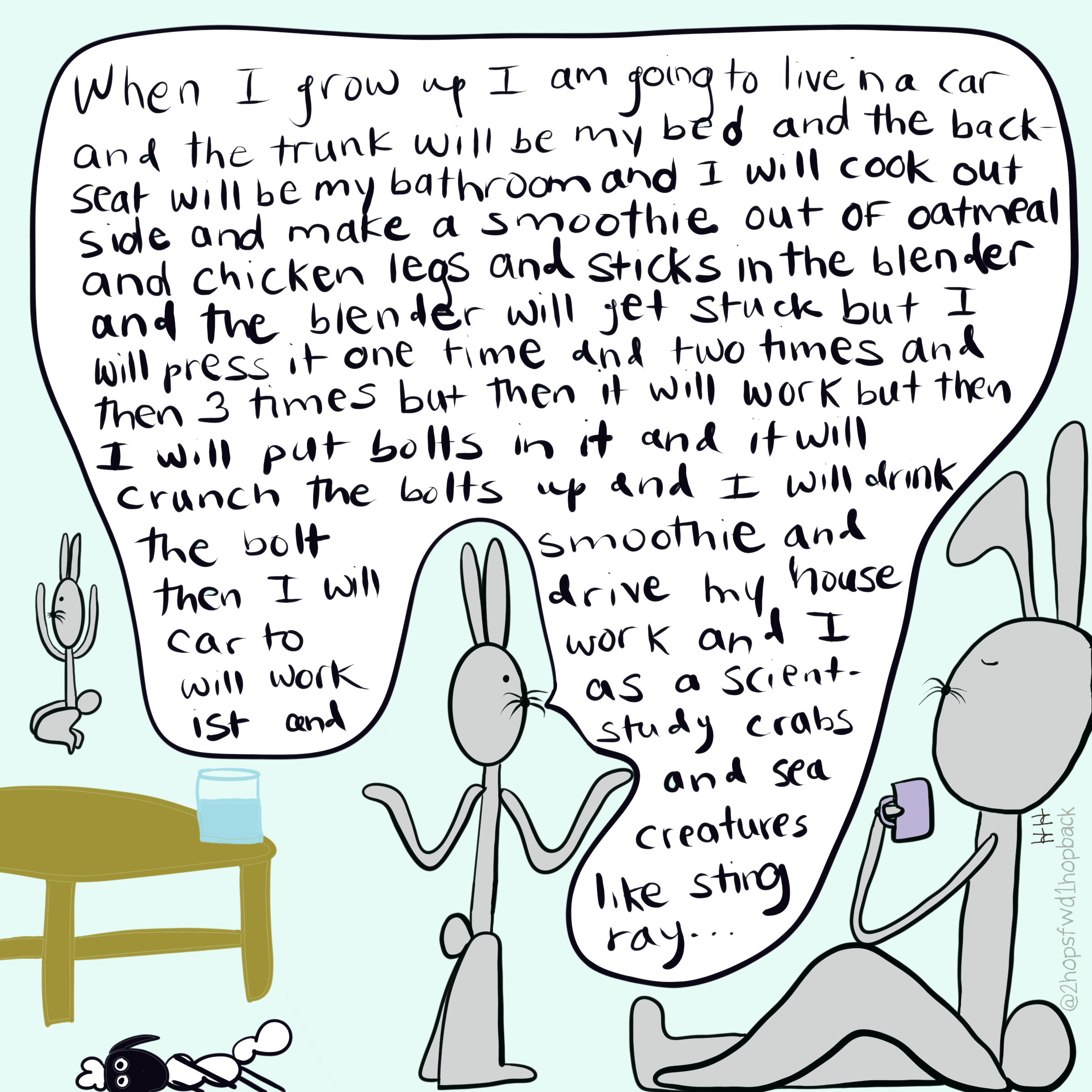 A001 - 2 hops forward 1 hop back - webcomic - child bunny talking to parent for a long long time while parent rests with coffee