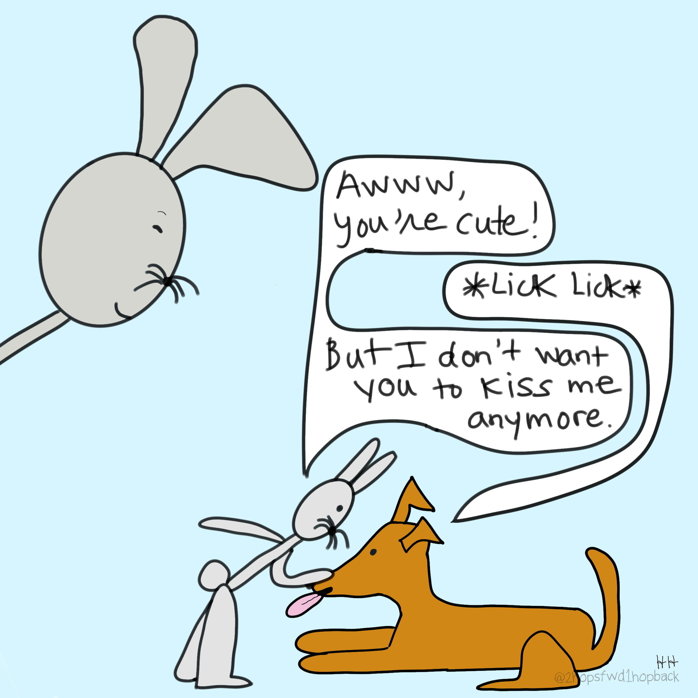 A006 - 2 hops forward 1 hop back - webcomic - child bunny interacts sweetly by accepting kisses from family dog and then asking him to stop