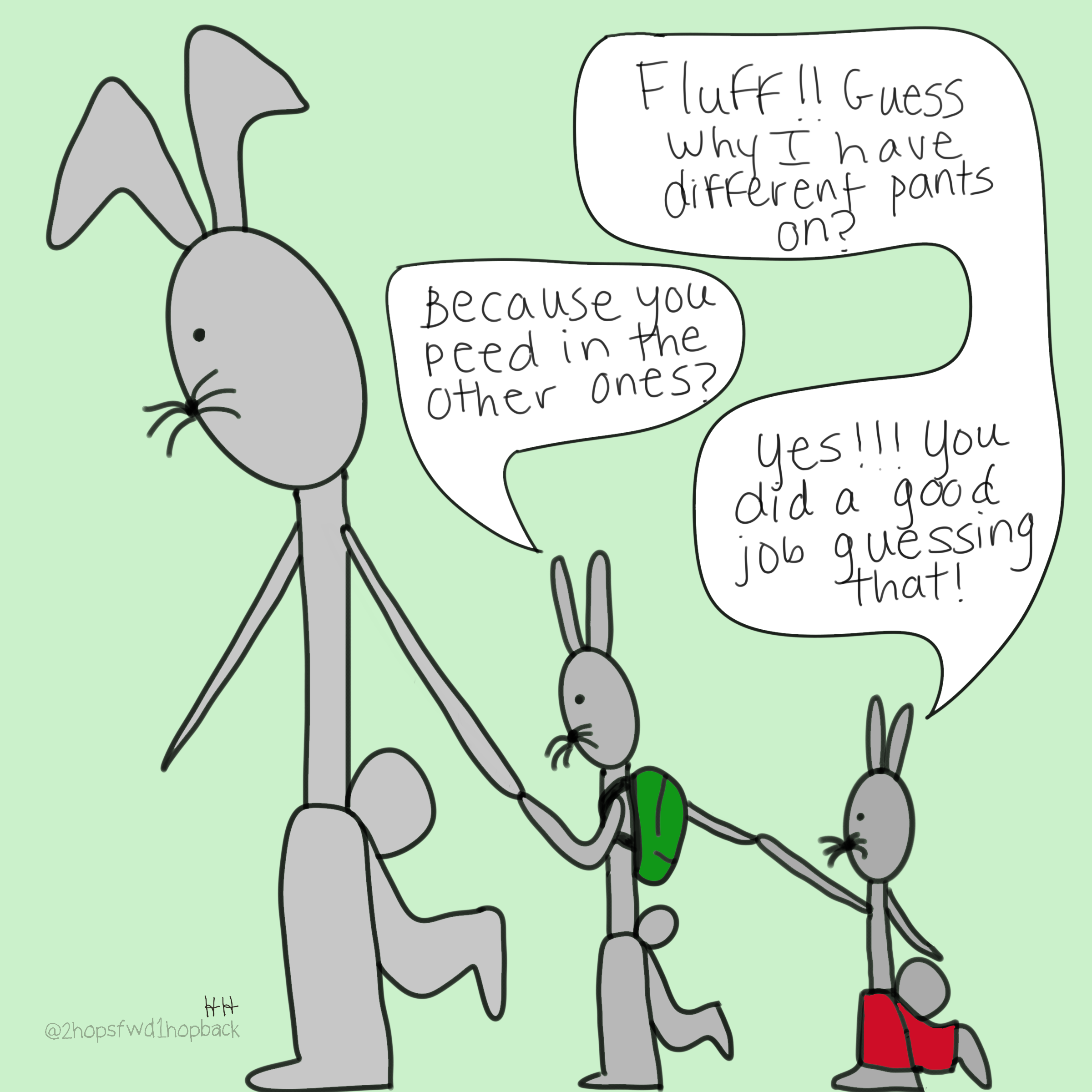 A033 - 2 hops forward 1 hop back - webcomic - child bunnies interacting sweetly when little brother asks older brother to guess why his pants are different, and is thrilled when older brother guesses correctly (it's because he peed the other ones)
