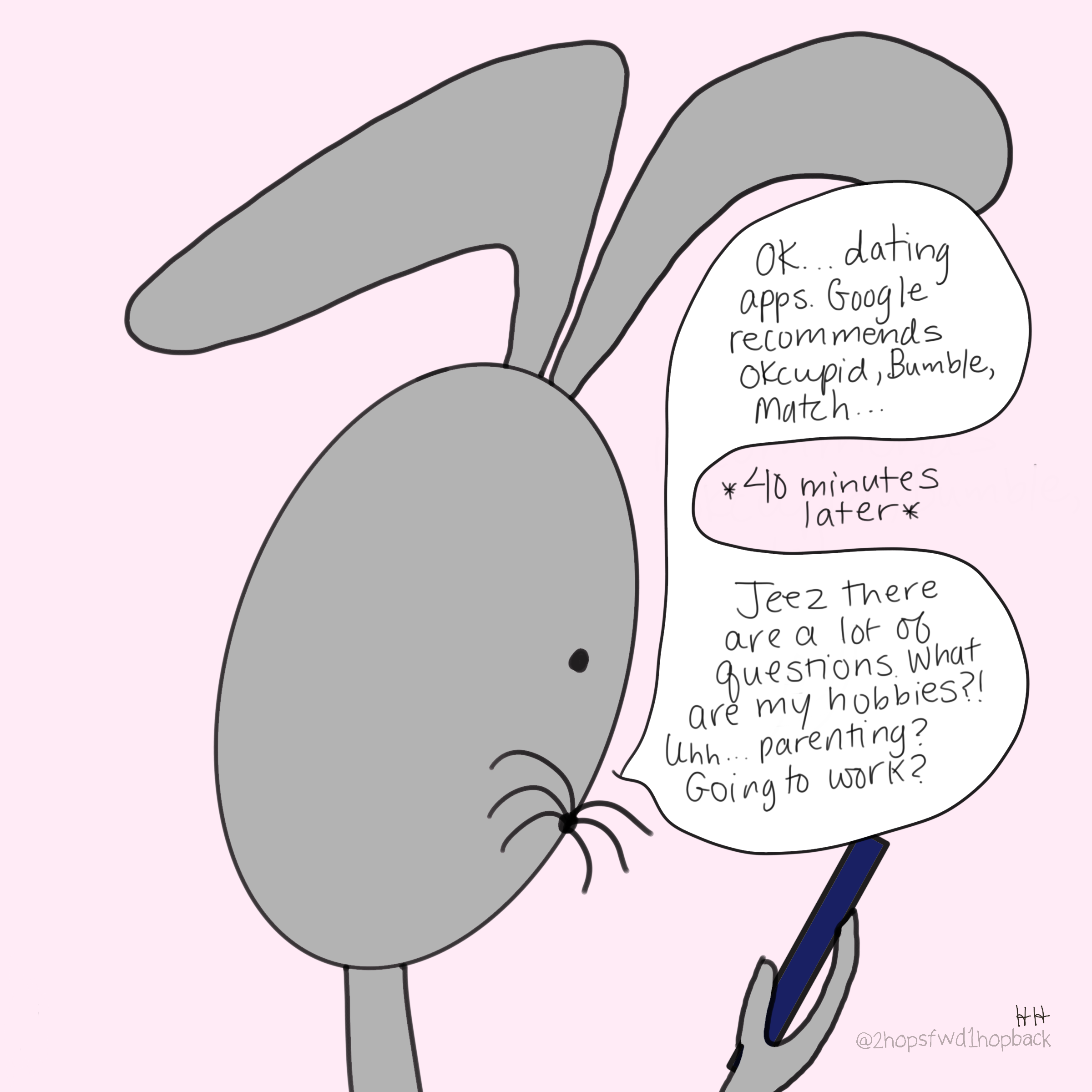A055 - 2 hops forward 1 hop back - webcomic - bunny sets up profile on dating apps and realizes how boring she is