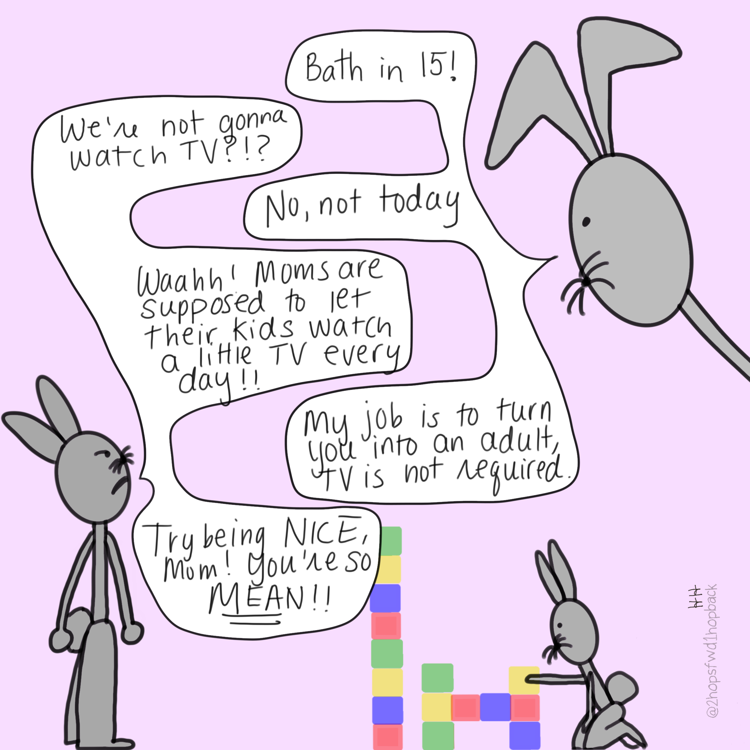 A056 - 2 hops forward 1 hop back - webcomic - child bunny complains of mean mom because he is disallowed from watching tv tonight