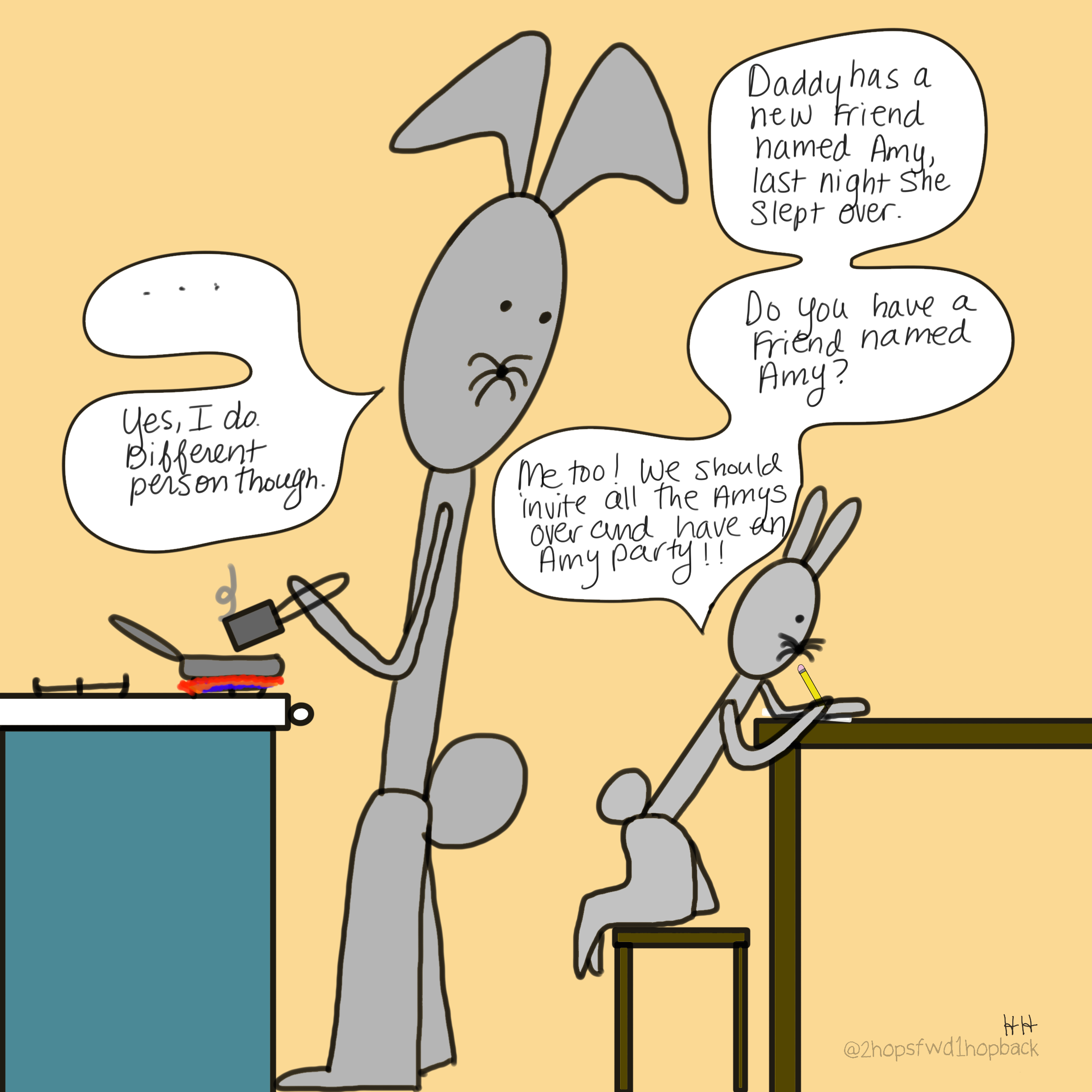 A060 - 2 hops forward 1 hop back - webcomic - child bunny shares story about meeting new people while at dad's house with mom