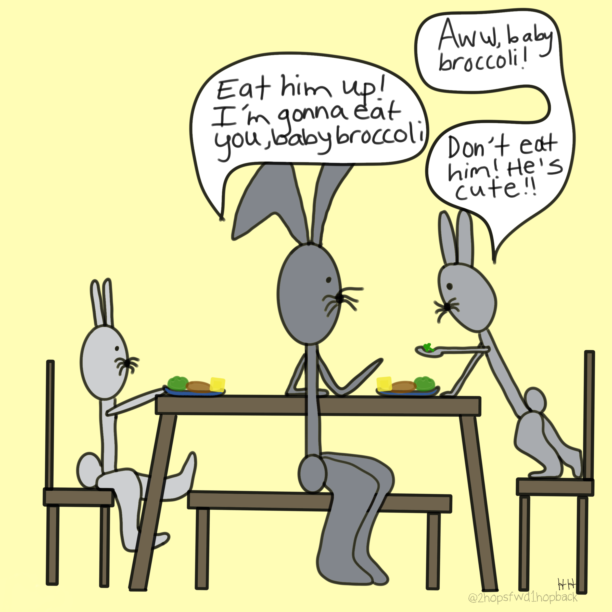 A011 - 2 hops forward 1 hop back - webcomic - parent bunny telling child to eat their broccoli and little bunny arguing that the broccoli is baby sized and is thus too cute to be eaten