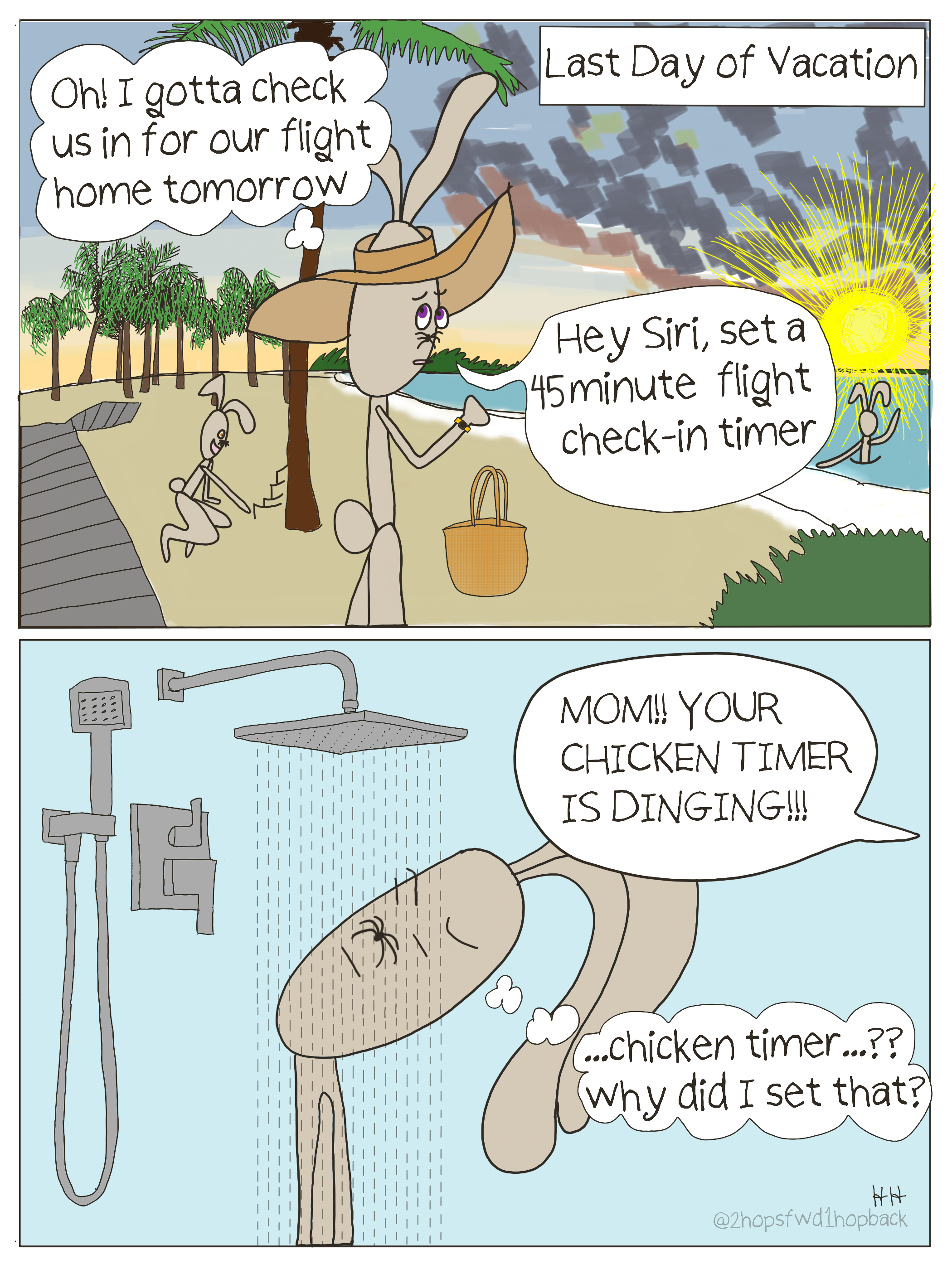 2026 - 020 - 2 hops forward 1 hop back - webcomic - siri misunderstands 'check-in timer' and sets a chicken timer, causing mystery later