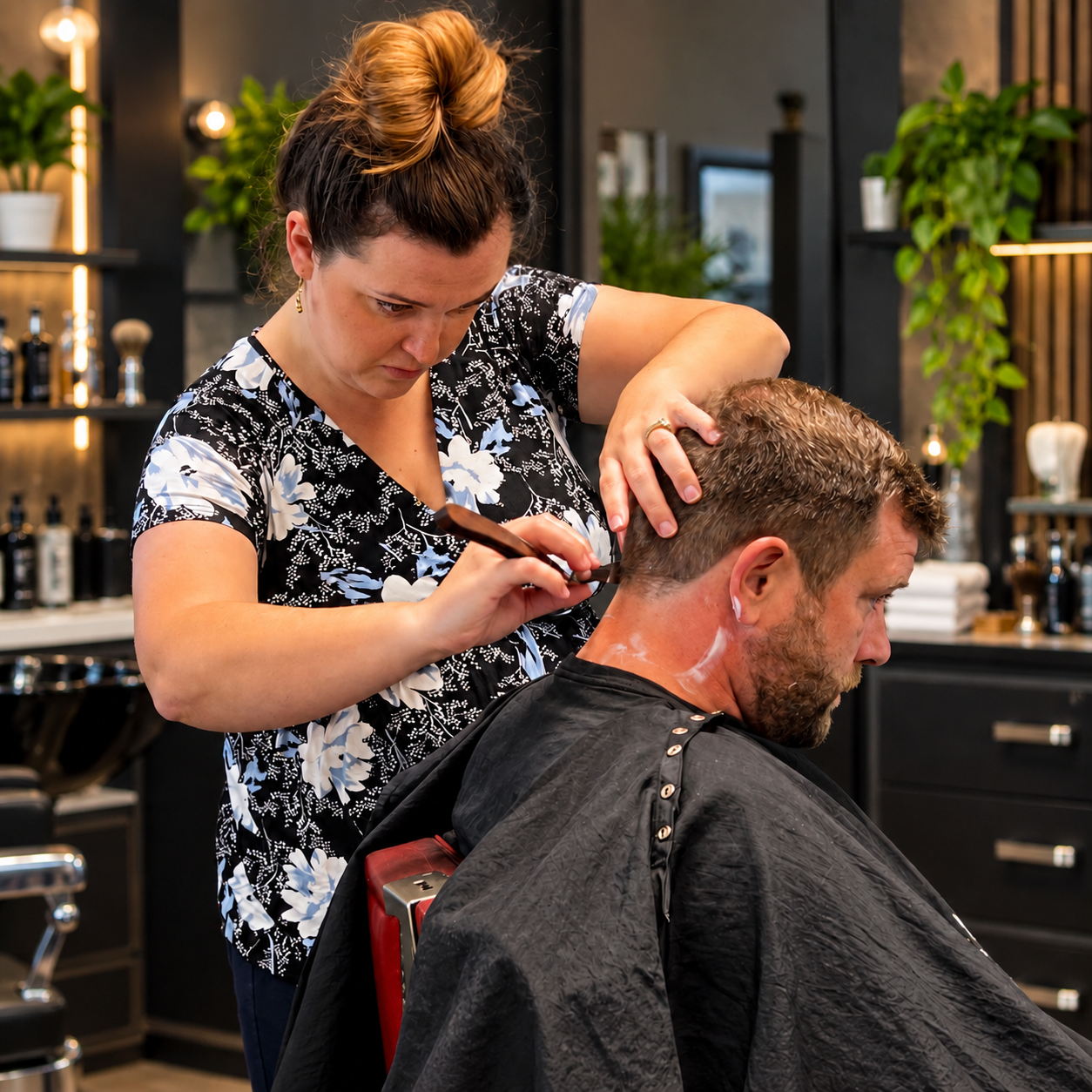David Scott Weitz photographing a female barber at Players Barber Shop in Hatboro, Pennsylvania
