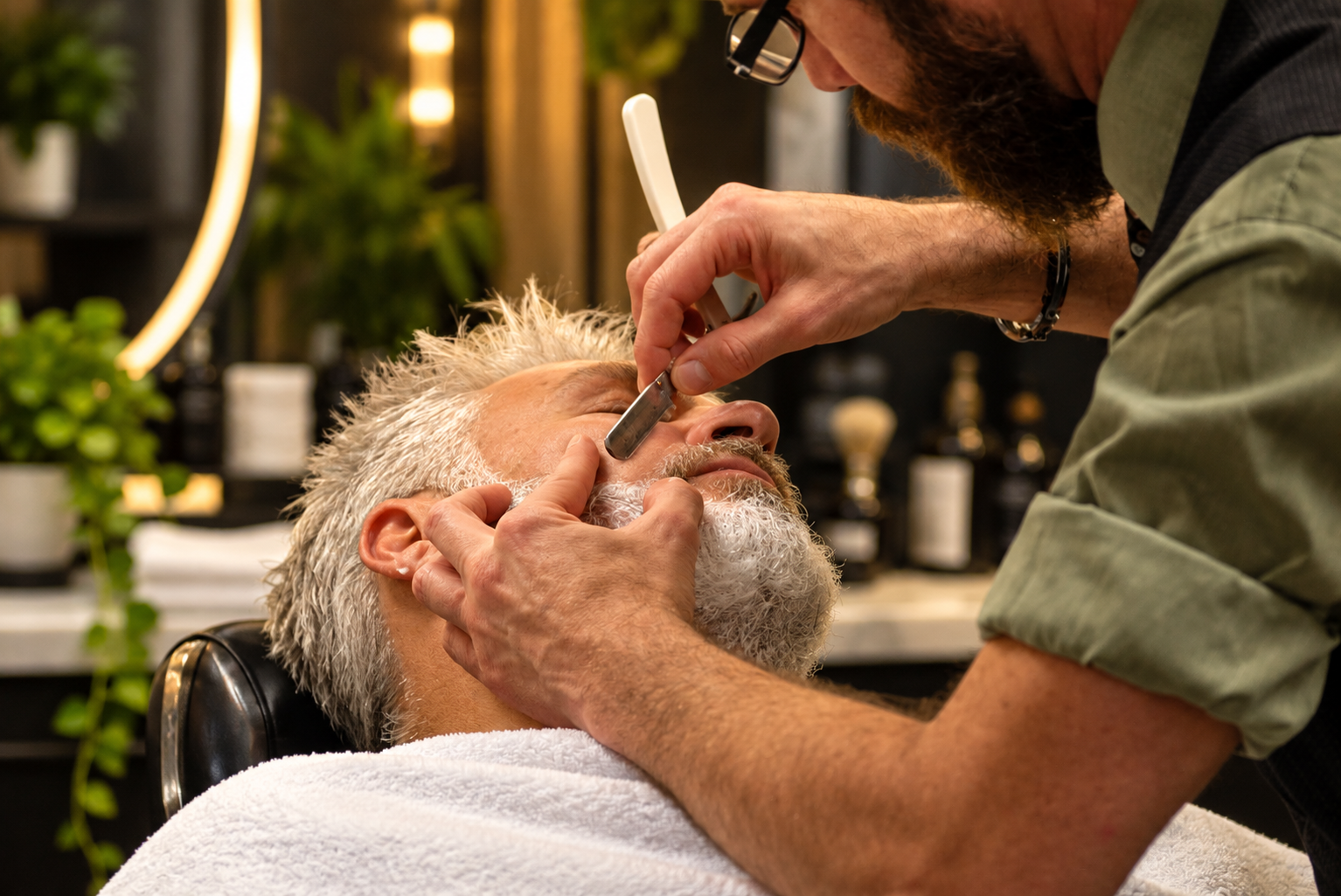  Photography by David Scott Weitz of a male barber giving a straight razor shave to a man at Players Barber Shop in Hatboro, Pennsylvania