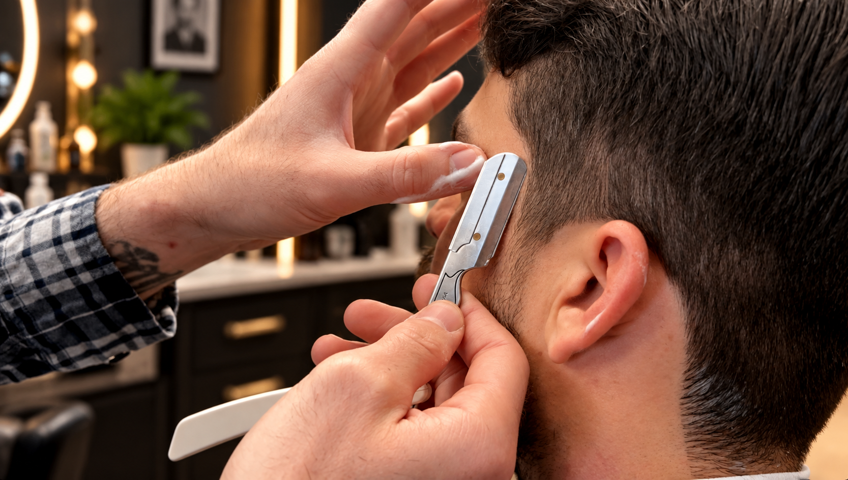  Photography by David Scott Weitz of a male barber giving a straight razor shave to a man at Players Barber Shop in Hatboro, Pennsylvania
