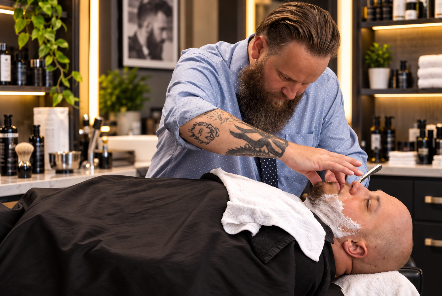 David Scott Weitz photographing a male barber at Players Barber Shop in Hatboro, Pennsylvania