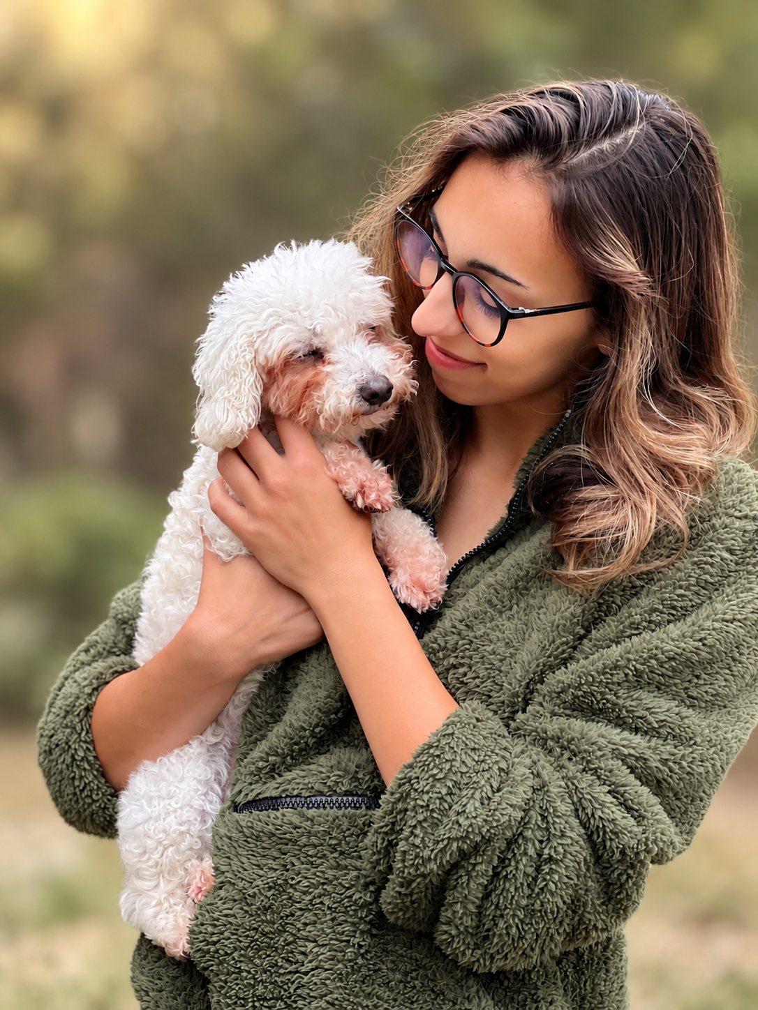 A woman with glasses and wavy brown hair holding a small white curly-haired dog outdoors with a blurred background.