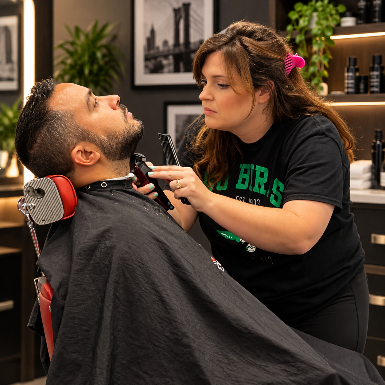 David Scott Weitz photographing a female barber at Players Barber Shop in Hatboro, Pennsylvania