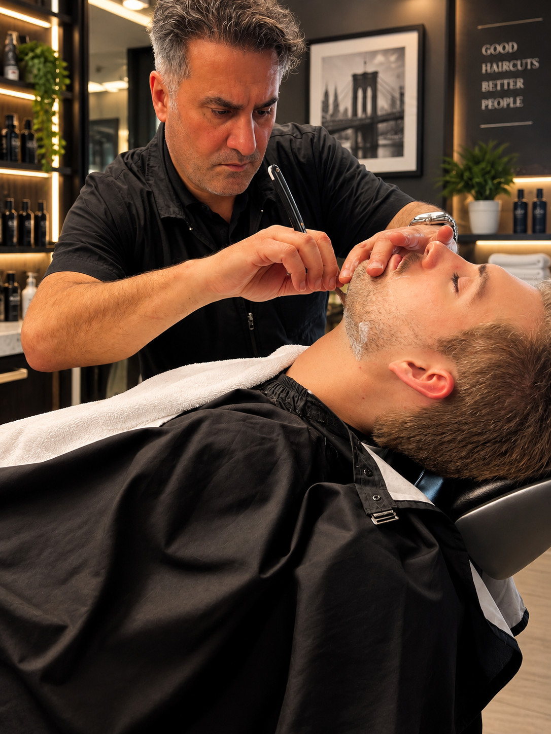  Photography by David Scott Weitz of a male barber giving a straight razor shave to a man at Players Barber Shop in Hatboro, Pennsylvania