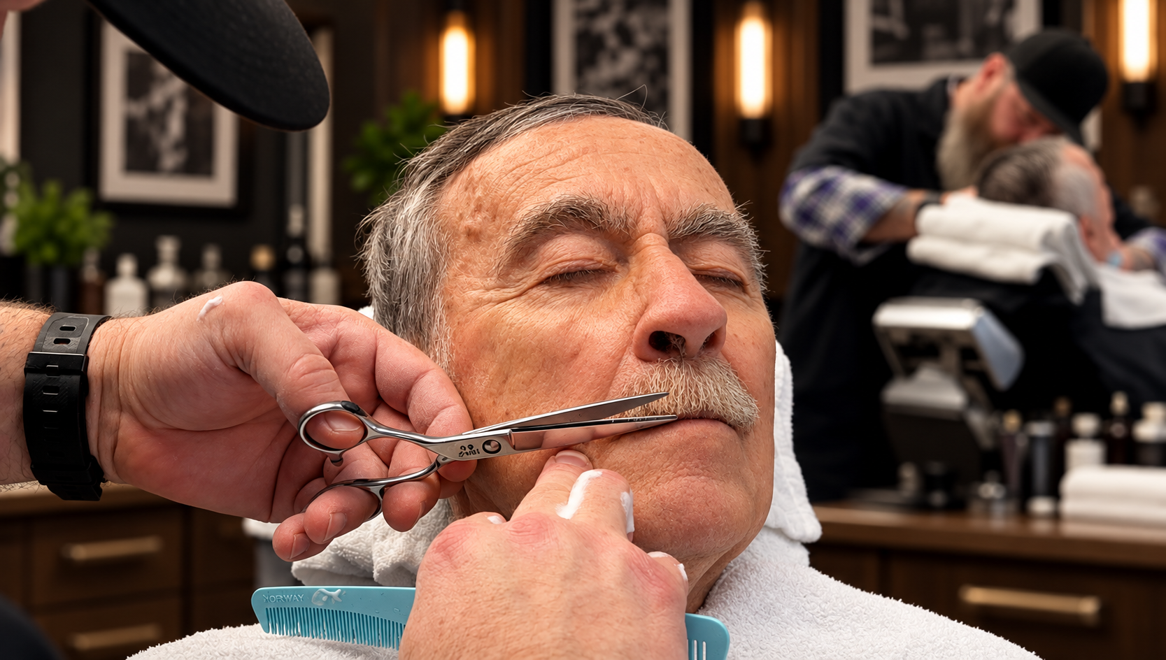 David Scott Weitz photographing a male barber at Players Barber Shop in Hatboro, Pennsylvania