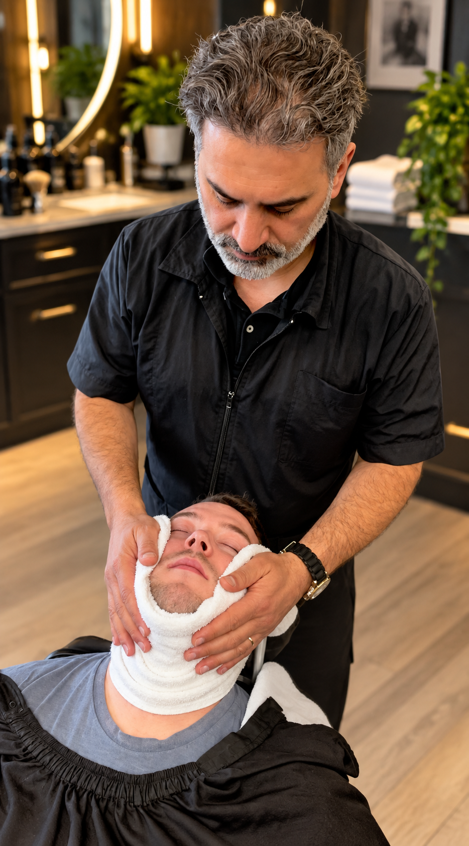  Photography by David Scott Weitz of a male barber giving a straight razor shave to a man at Players Barber Shop in Hatboro, Pennsylvania