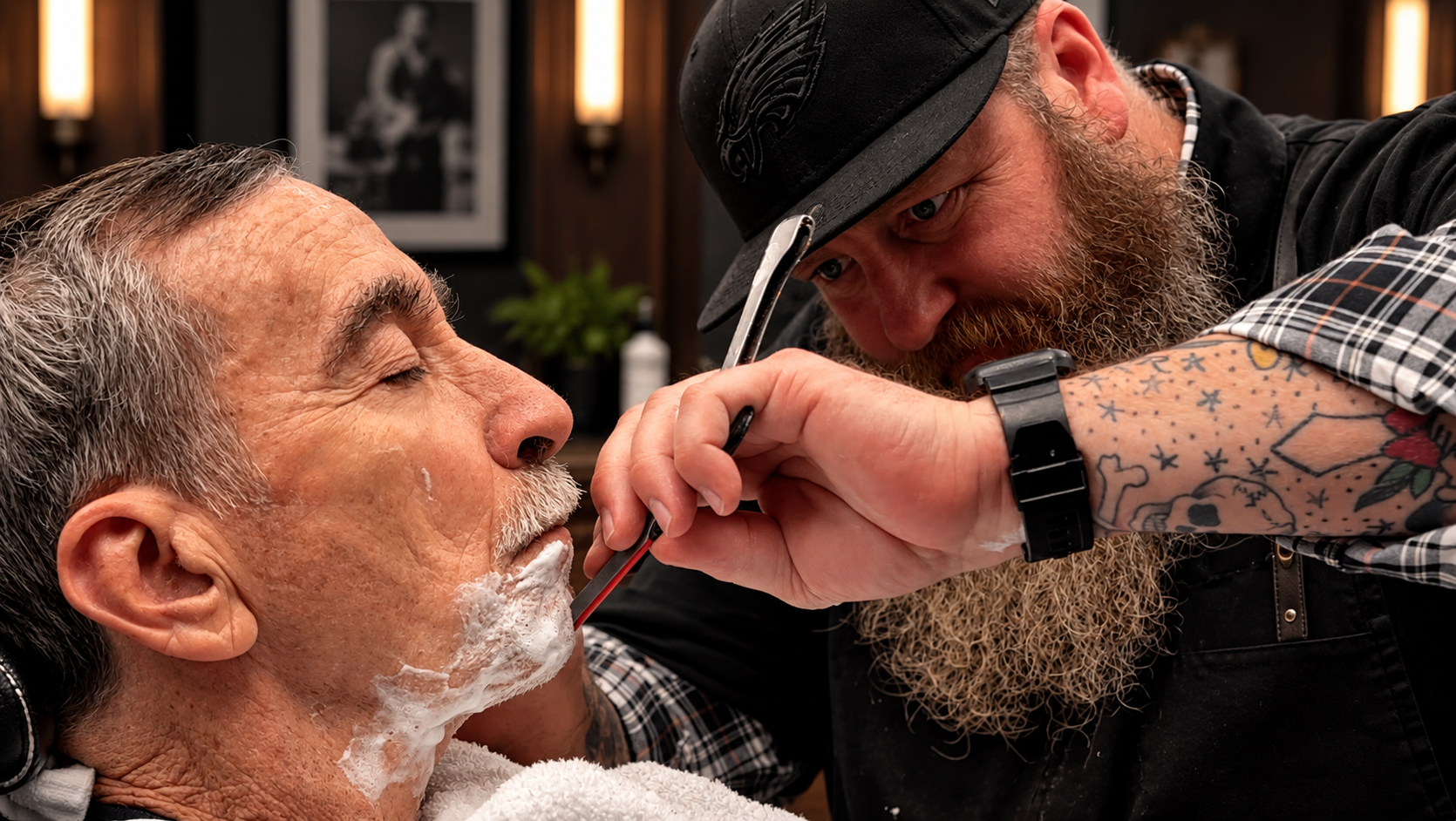 David Scott Weitz photographing a male barber at Players Barber Shop in Hatboro, Pennsylvania