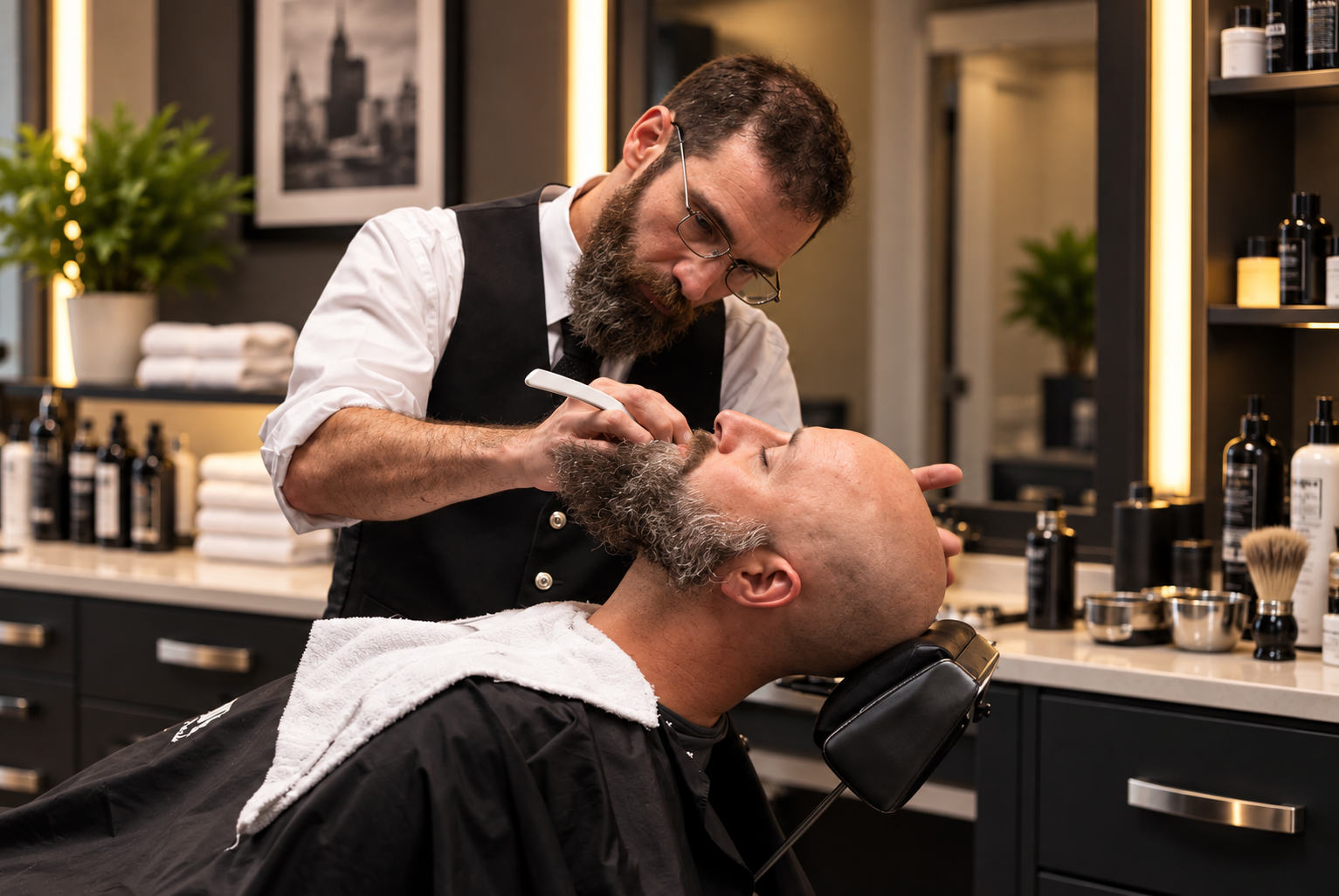 David Scott Weitz photographing a male barber at Players Barber Shop in Hatboro, Pennsylvania