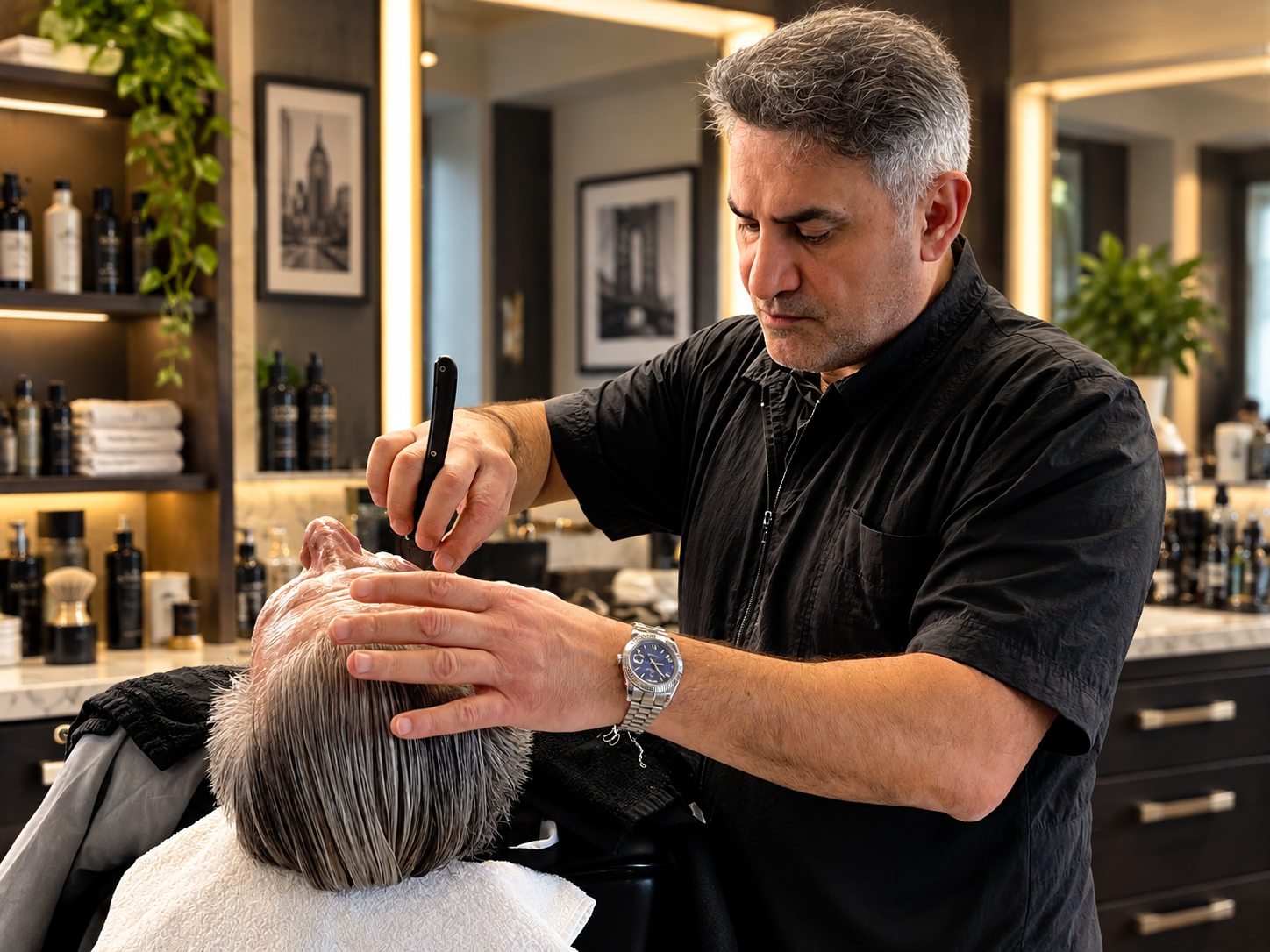 David Scott Weitz photographing a male barber at Players Barber Shop in Hatboro, Pennsylvania