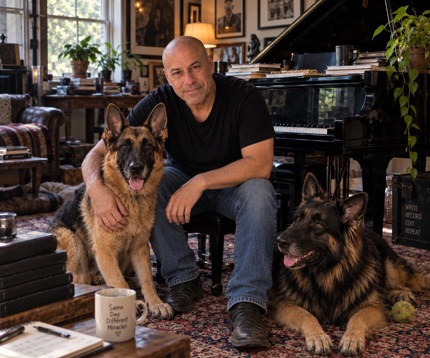 David Scott Weitz with his two German Shepherds, Devon and Hunter beside his baby grand piano
