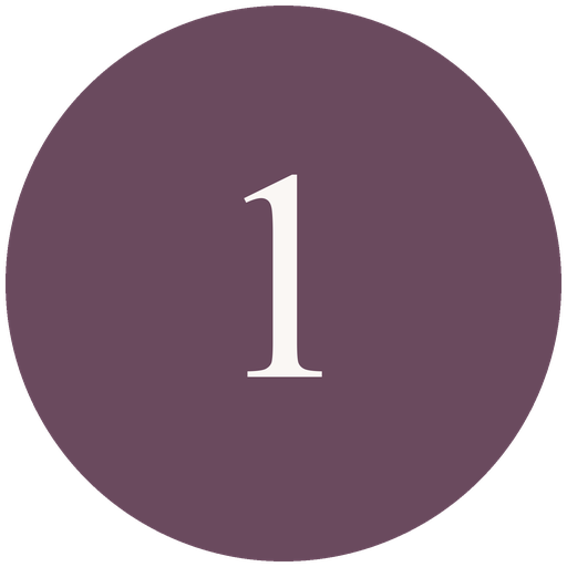A dark purple circular background with the white number one in the center.