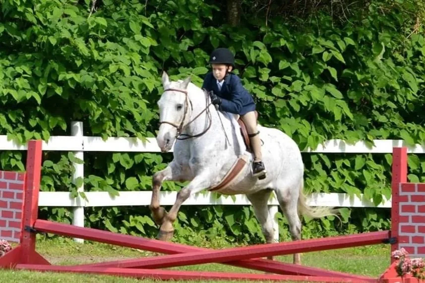 Young rider jumping a horse during a riding lesson