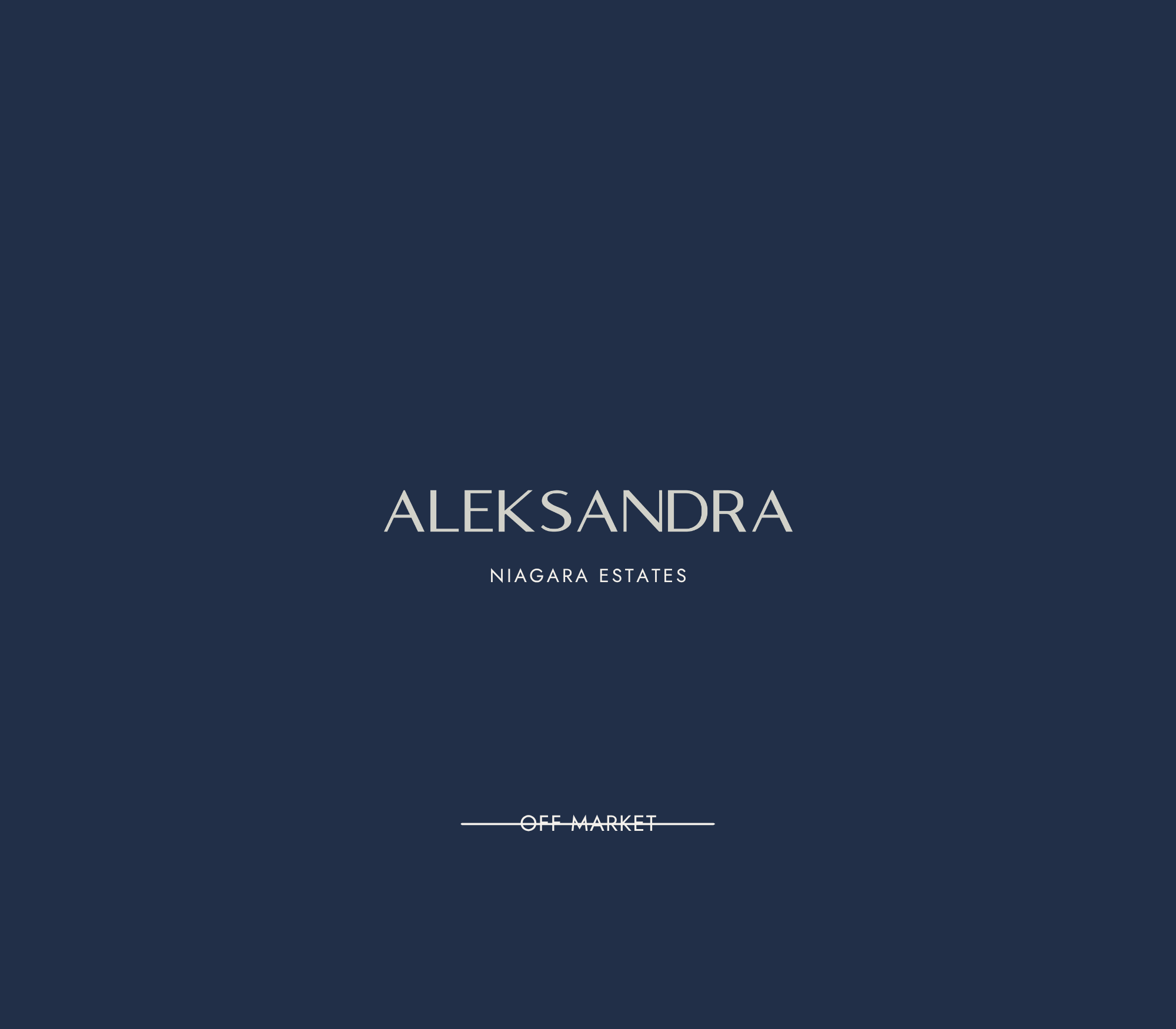 Design of a real estate development named Aleksandra Niagara Estates with a dark blue background, white text, and a section labeled OFF MARKET.