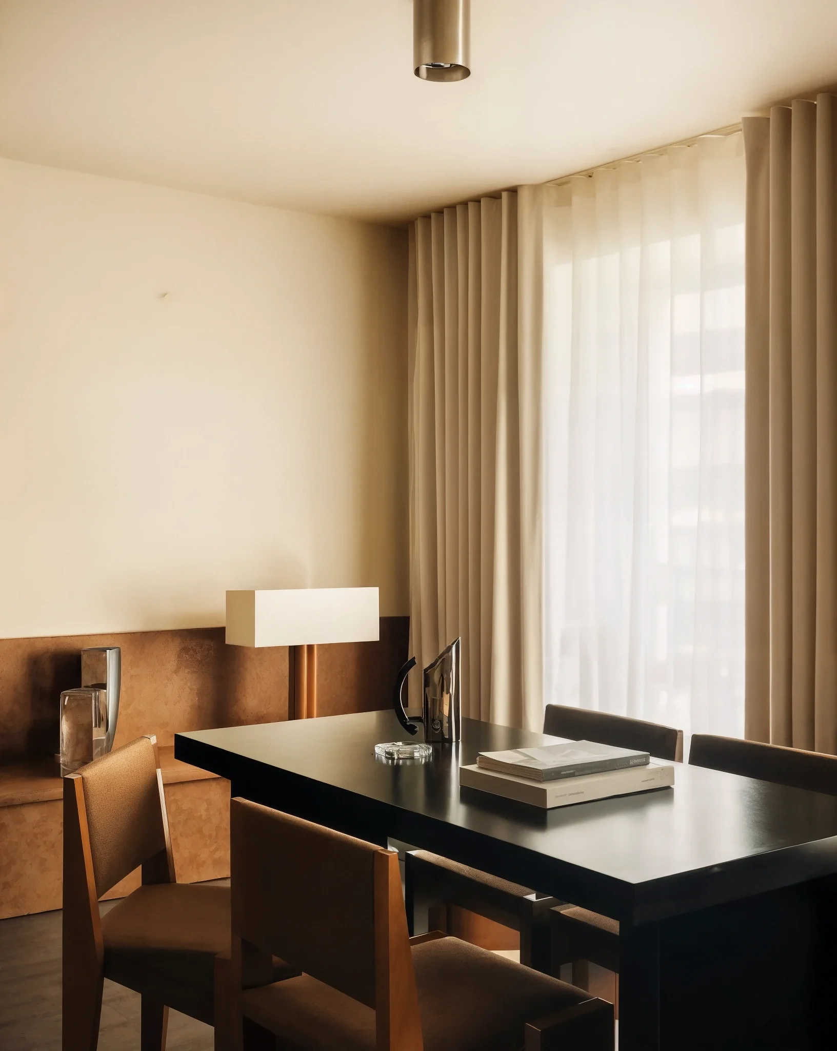 Interior of a modern dining or conference room with a black table, beige chairs, a large window with sheer curtains, and a mounted spotlight on the ceiling.
