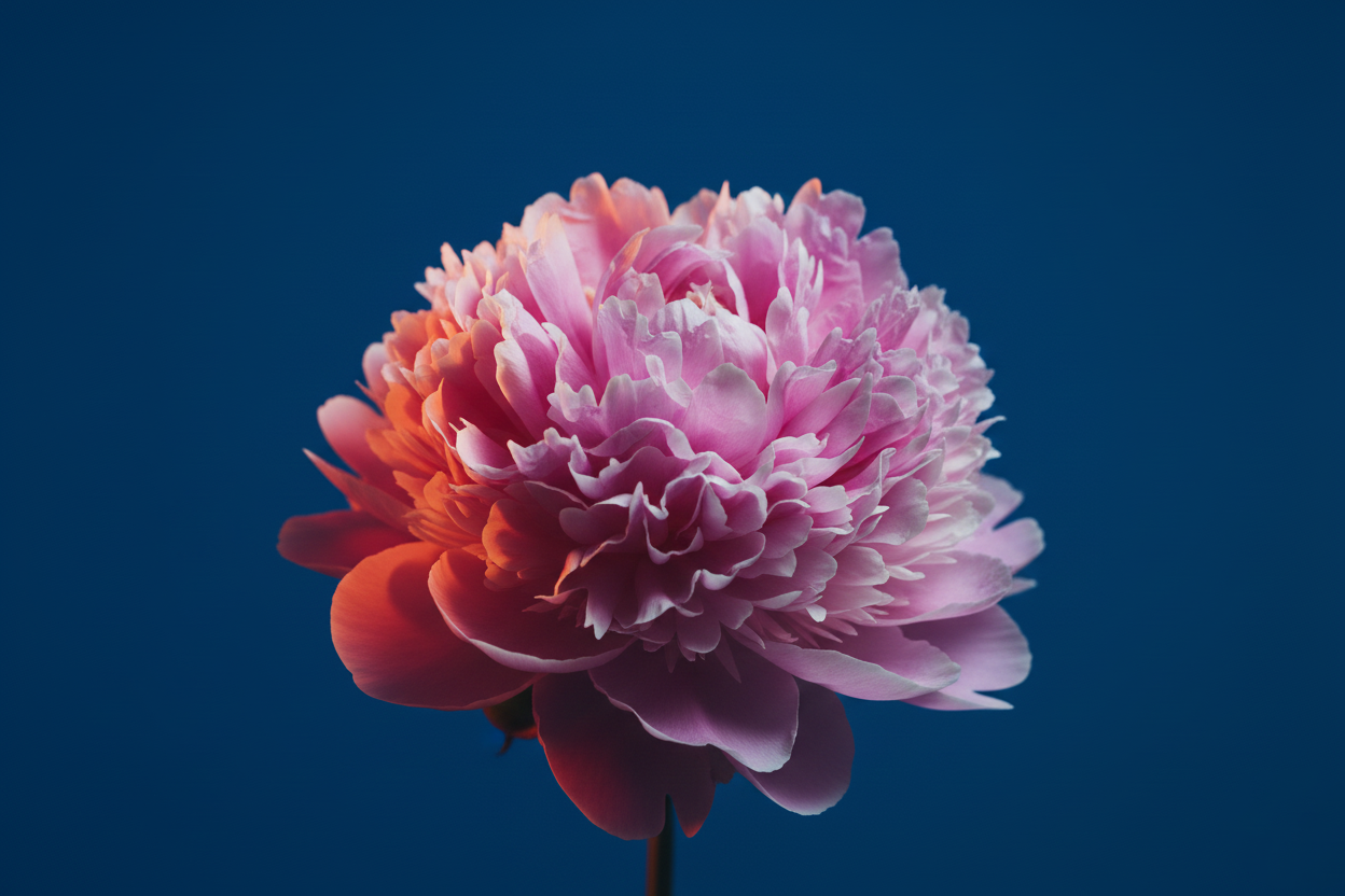 Close-up of a pink peony flower against a dark blue background.
