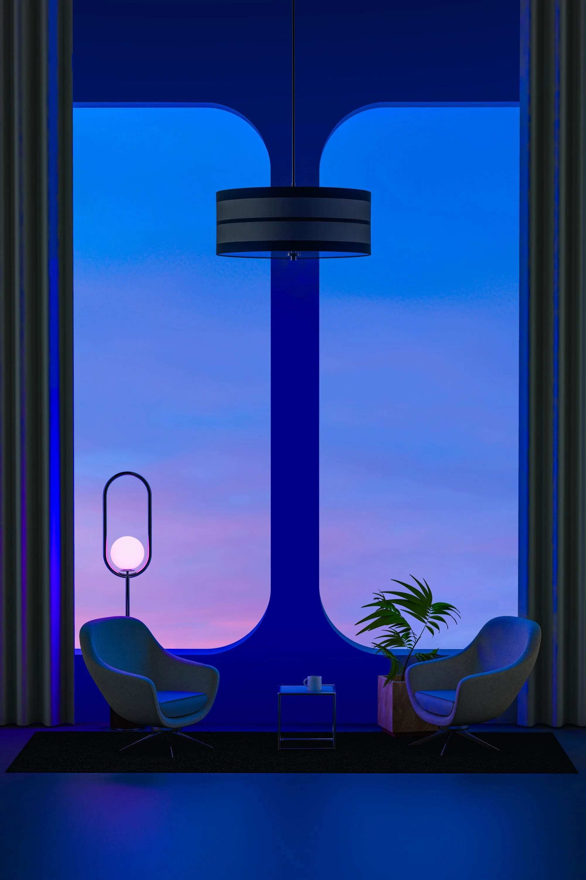 A modern living room with two white armchairs, a small side table, a floor lamp, and a potted plant, with a large window displaying a sunset sky, and a ceiling lamp hanging from the high ceiling.