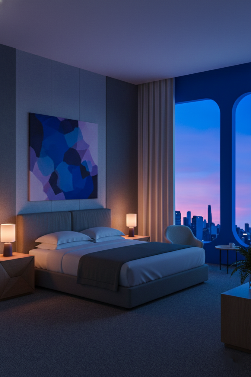 Modern hotel bedroom with a large bed, bedside lamps, abstract painting on the wall, large window showing city skyline at dusk, armchair, and small table.