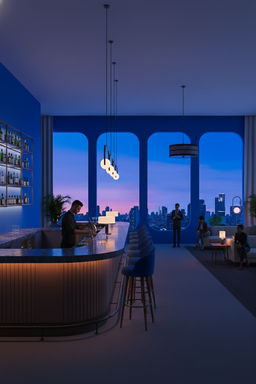 Modern city skyline viewed through large windows from a stylish indoor lounge with a bar, seating area, and a bartender preparing drinks.