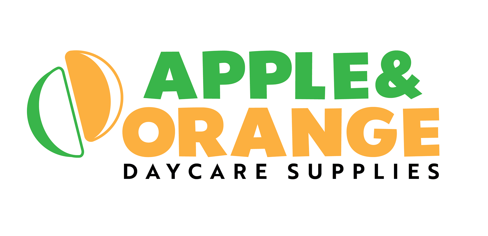 Logo for Apple & Orange Daycare Supplies featuring a stylized half orange and half apple graphic and bold green, orange, and black text.