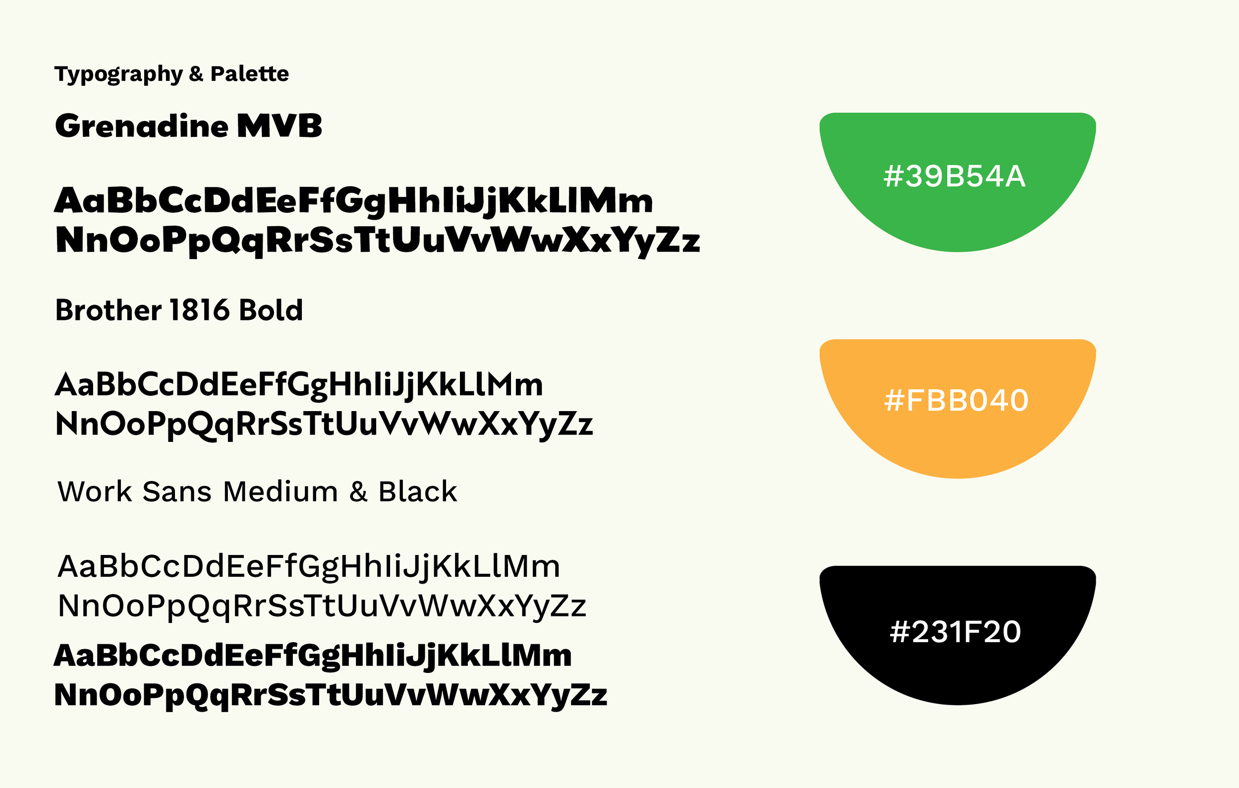 A display of typography and color palette with font examples in black text and three color swatches labeled with their hex codes: green #39B54A, orange #FBB040, and black #231F20.