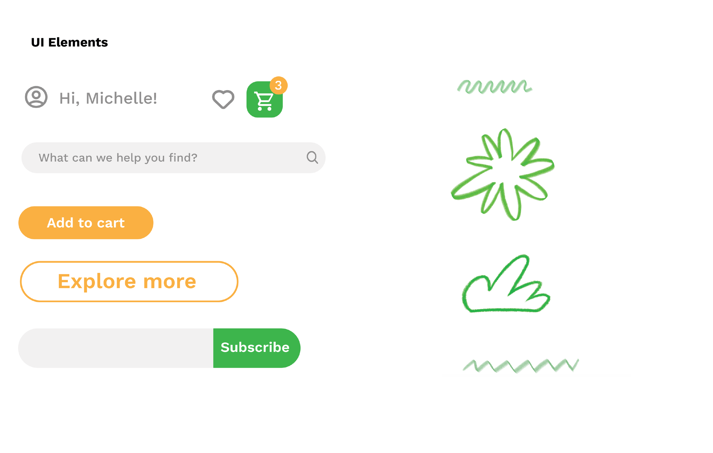 Screenshot of a website or app interface showing greeting, notification, search bar, and call-to-action buttons with doodle decorations.