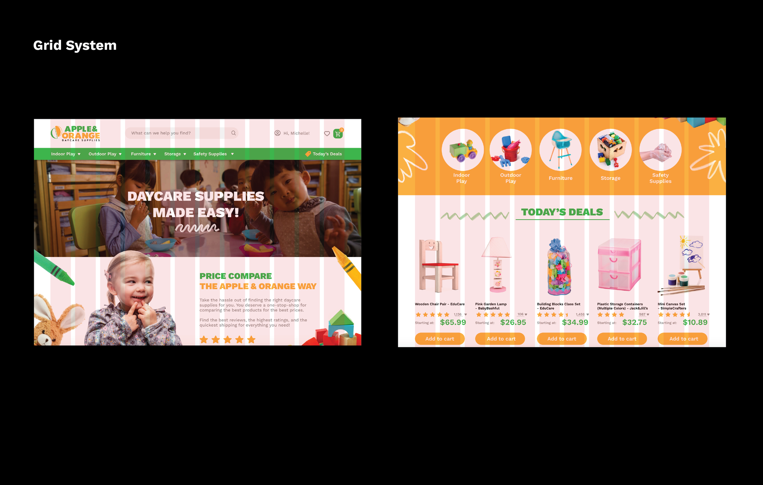 Two screenshots of a children's toy and supplies website with categories for indoor and outdoor play, furniture, storage, and safety supplies, showcasing toy sets, furniture, storage containers, and accessories.