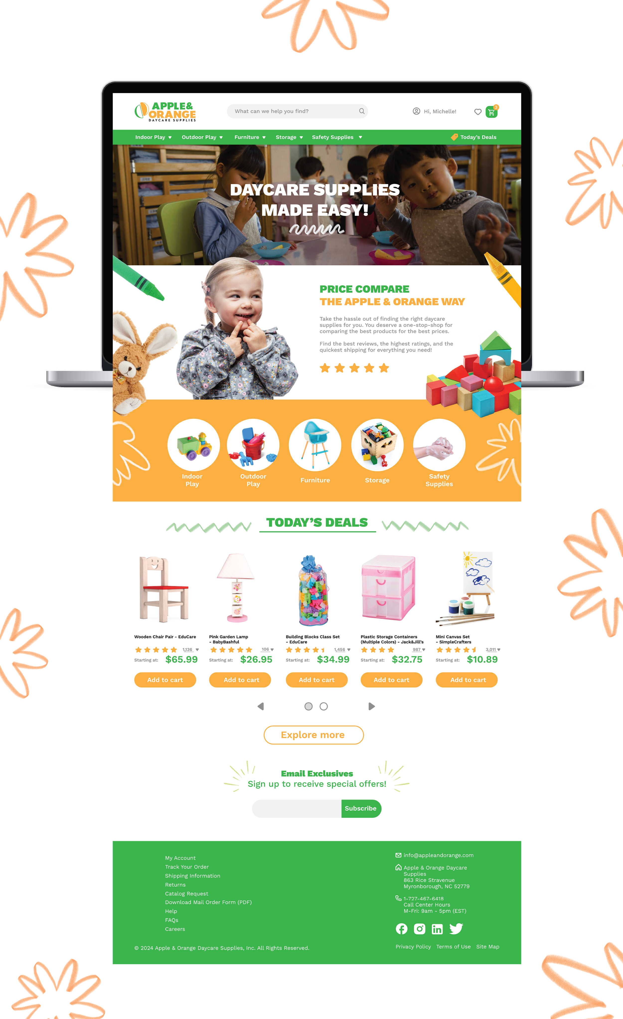 Screenshot of a daycare supplies website homepage featuring children eating at a table, home decor, toys, and color-changing illustrations in a bright, playful design.
