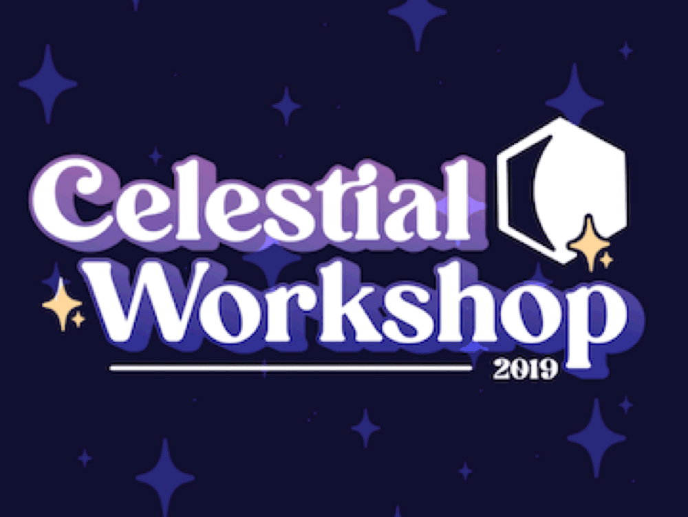 Logo for Celestial Workshop 2019 featuring stars, a notebook, and stylized text on a dark background.