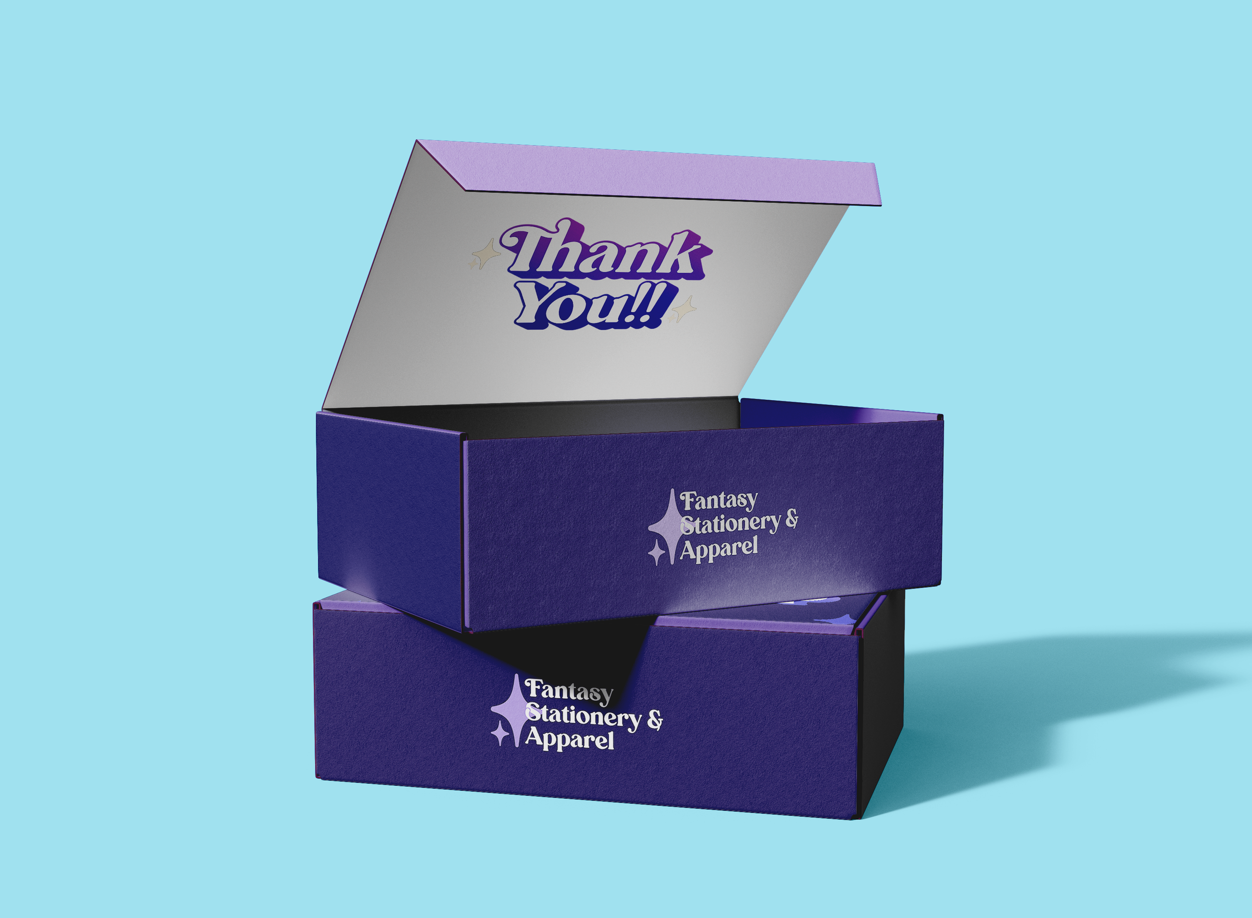 Open purple box with white interior and 'Thank You!' written on the inside in purple and black, surrounded by small star illustrations, set against a light blue background.