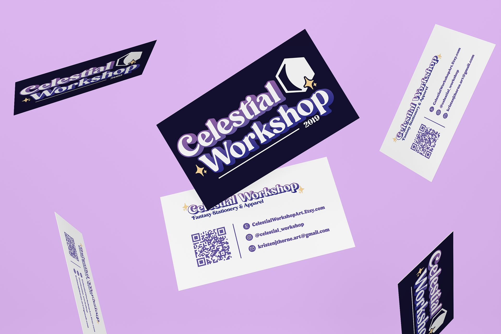 Business cards and stickers for Celestial Workshop on a purple background. The designs include the workshop name, Facebook, Instagram, email, and QR code.