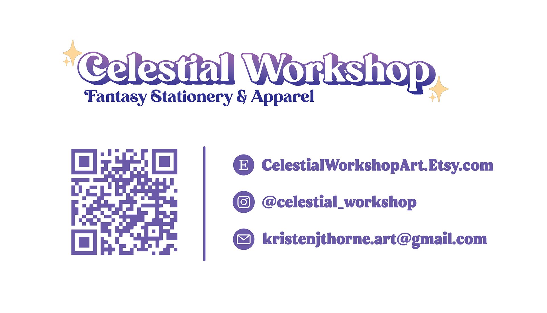 Business card for Celestial Workshop, featuring purple text with gold star accents. Includes a QR code, contact email kristenthorn.art@gmail.com, and social media handles for Etsy and Instagram.