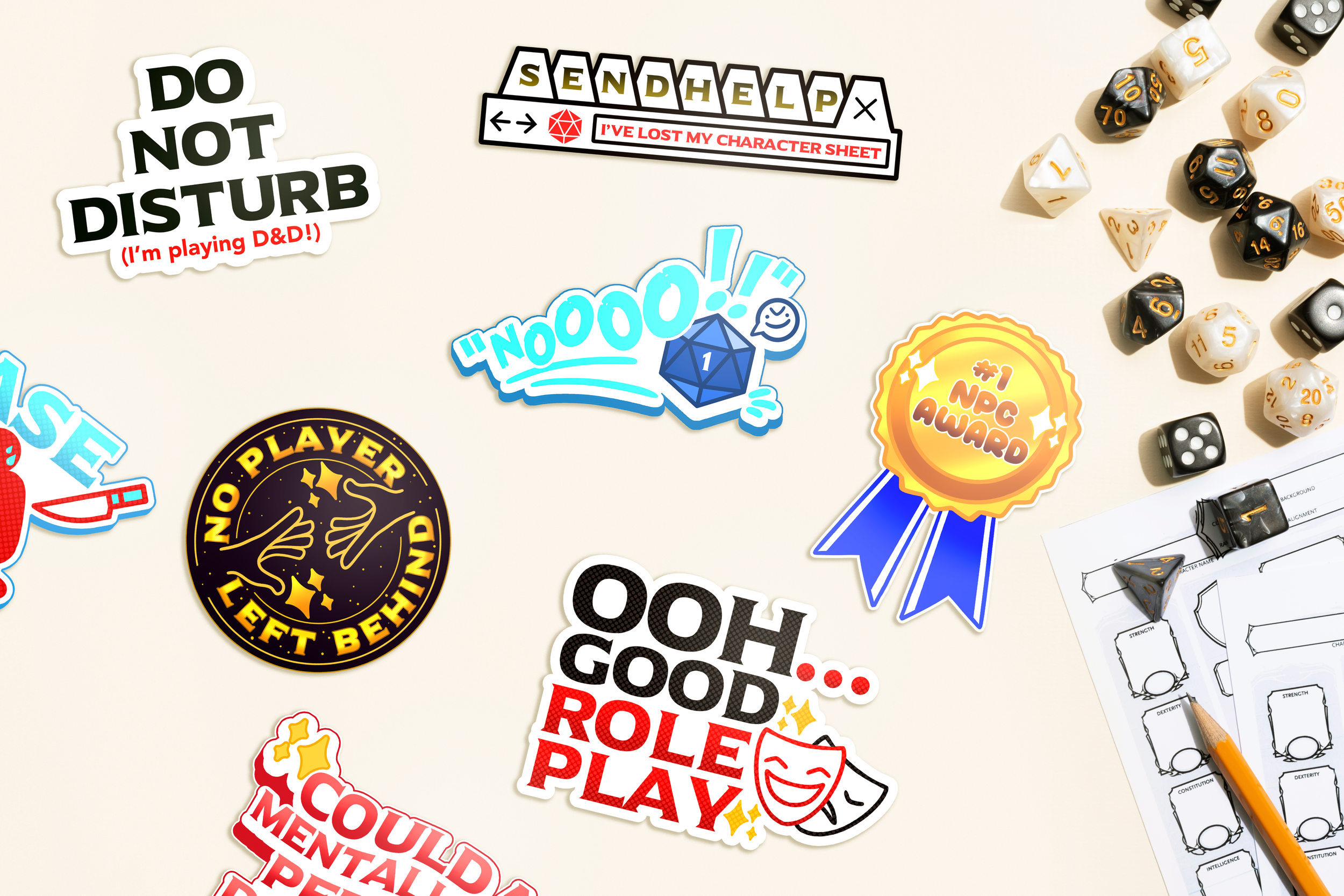 A collection of gaming and role-playing game stickers, dice, and game sheets laid out on a light surface, with some stickers reading "Do Not Disturb," "Send Help," "Noooo!" and others related to role-playing game themes.