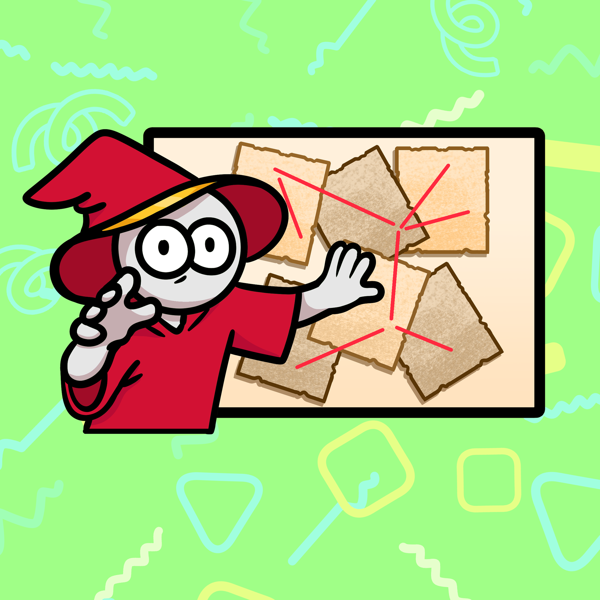 Cartoon character wearing a red hat and shirt, with large glasses, standing in front of a screen displaying torn pieces of paper with red lines connecting their edges.