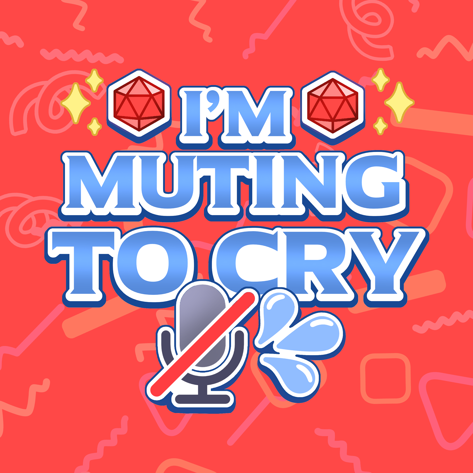 Colorful digital graphic with the words 'I'M MUTING TODAY' in bold and outline style, accompanied by icons of red twenty-sided dice and yellow sparkle shapes on a vibrant red and pink patterned background.