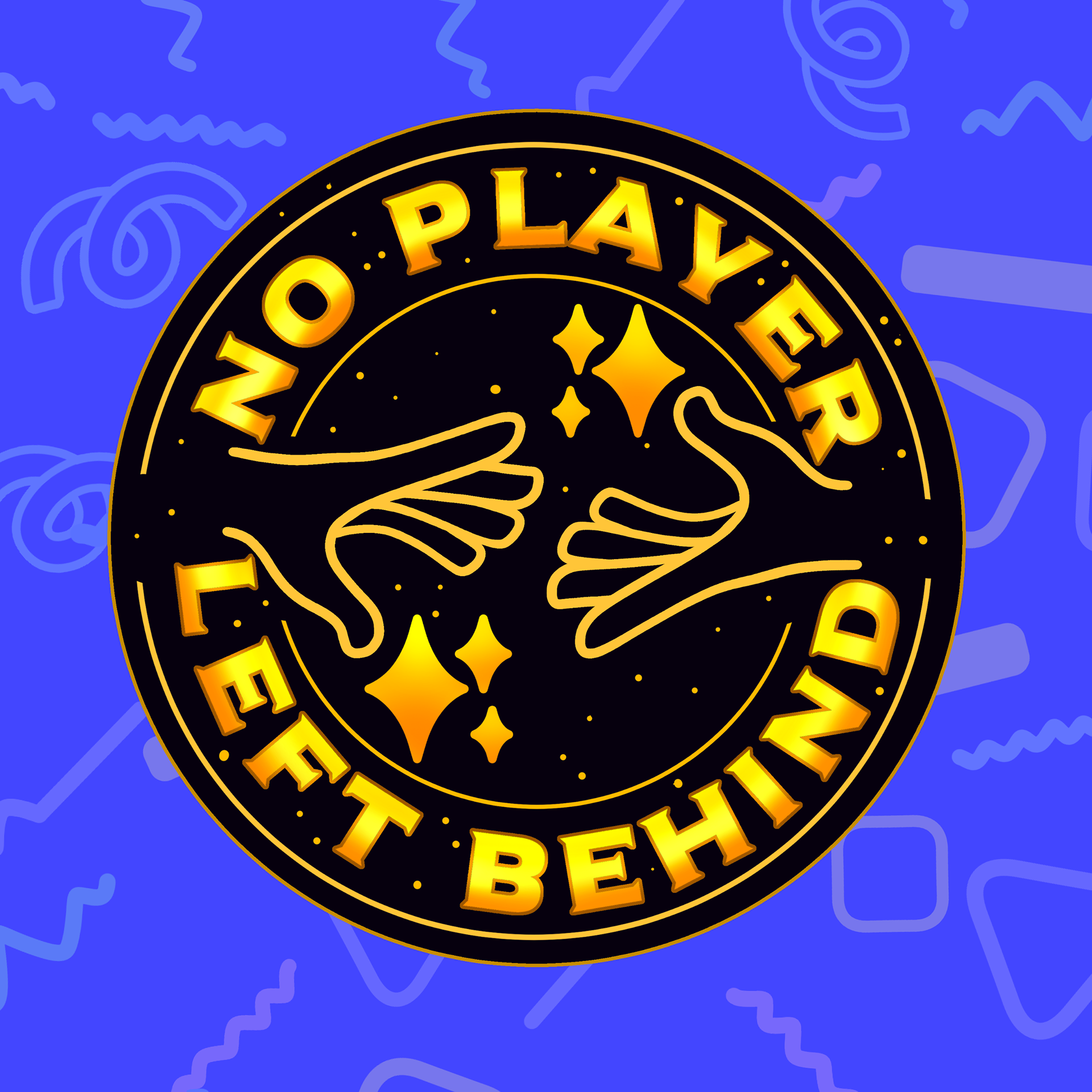 Close-up of a circular emblem with yellow and orange text reading "WOMEN OF PLAY, THE BEH" on a black background, surrounded by stylized stars and decorative elements, against a blue background with abstract squiggles.
