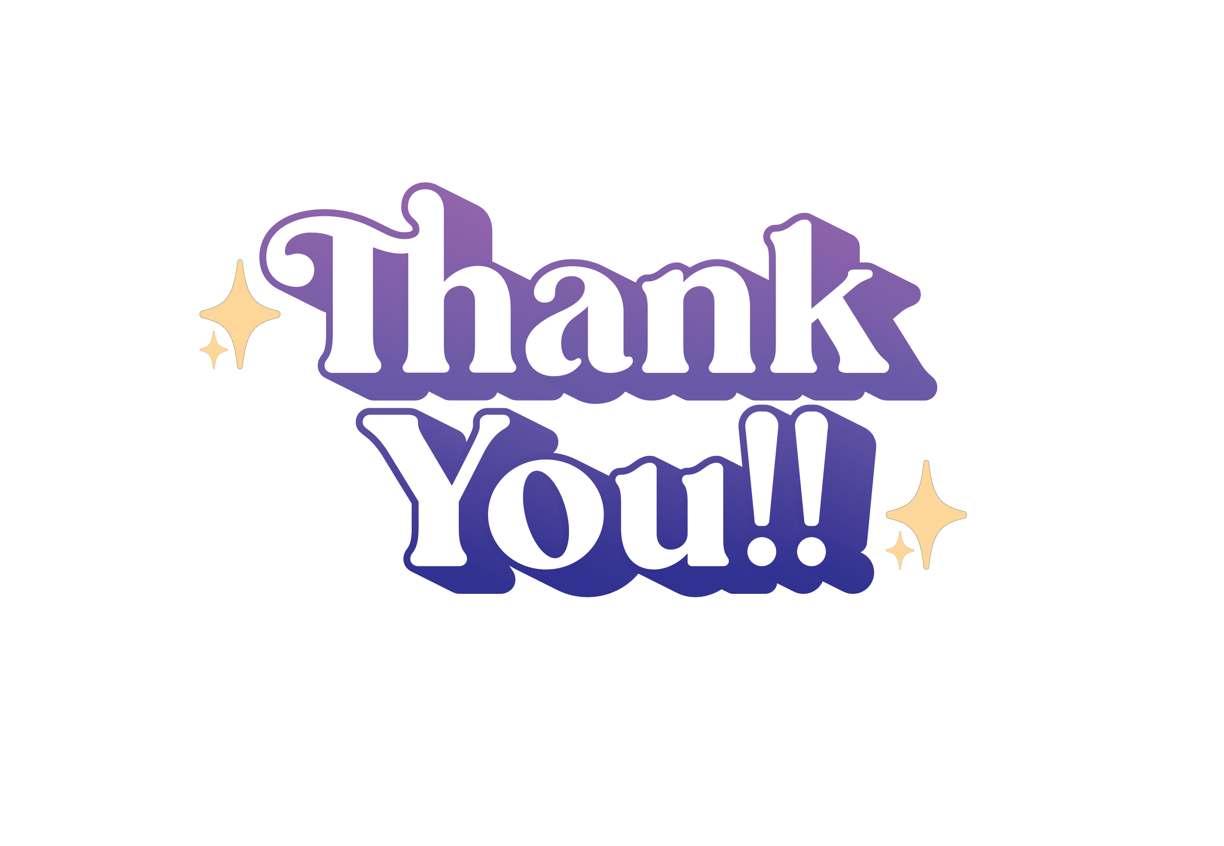 Colorful graphic with the words "Thank You!" in purple, decorated with yellow and white stars, and a shiny starburst icon.