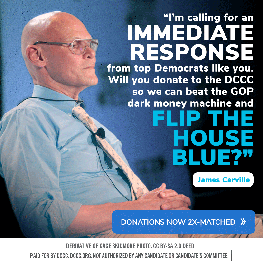 A digitally edited political campaign ad featuring a split image of a man with glasses and a bald head, dressed in a blue shirt. The text on the ad urges viewers to donate to the DCCC with phrases like 'immediate response' and 'flip the house blue,' and includes a call to action button reading 'Donations now 2x-matched.' The ad attributes the image to a derivative of Gage Skidmore's photograph.