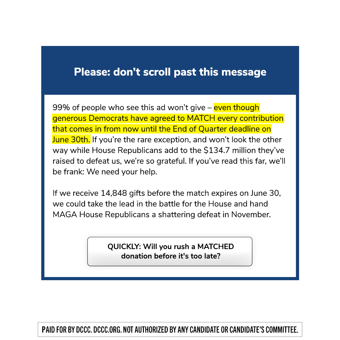 A political advertisement urging donations before the June 30th deadline, highlighting Democrats' commitment to match contributions from now until then, with a call to action to rush matching donations.