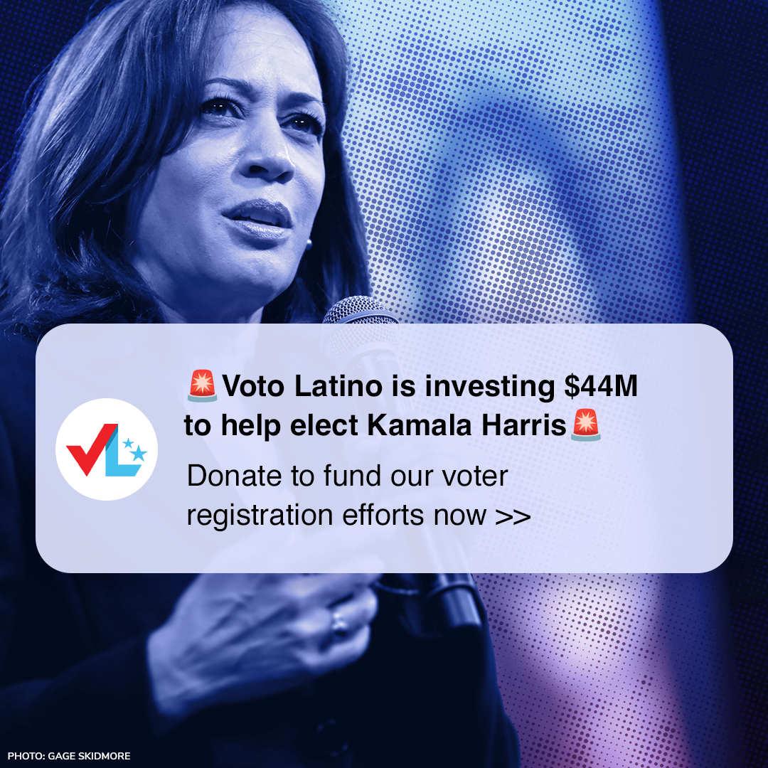 A woman speaking into a microphone. Overlaid is a campaign message about voter registration efforts and a donation appeal to help fund efforts, mentioning Voto Latino investing $44 million to help elect Kamala Harris.