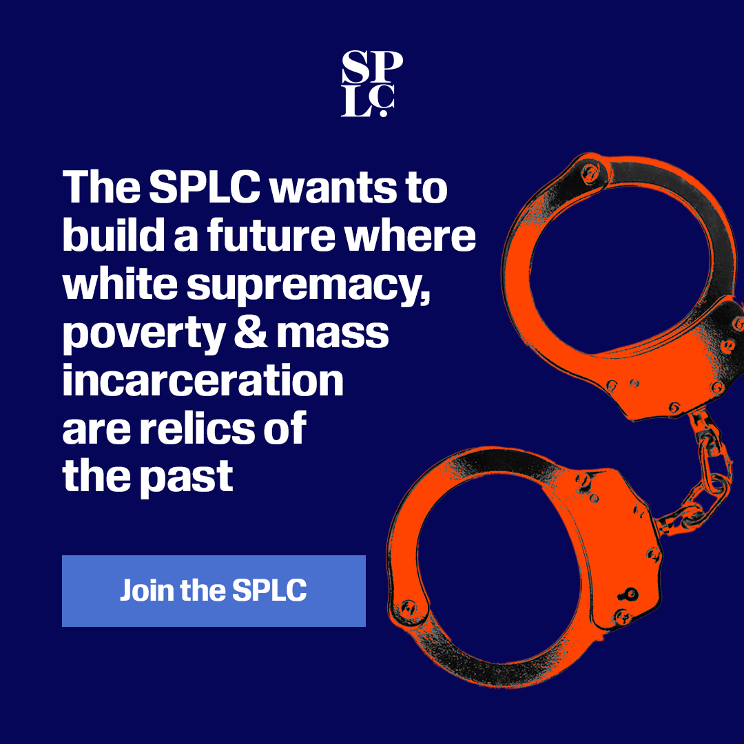 An image with a dark blue background featuring orange handcuffs and white text. The text reads, "The SPLC wants to build a future where white supremacy, poverty & mass incarceration are relics of the past." It also has a button that says, "Join the SPLC." The SPLC logo is at the top.