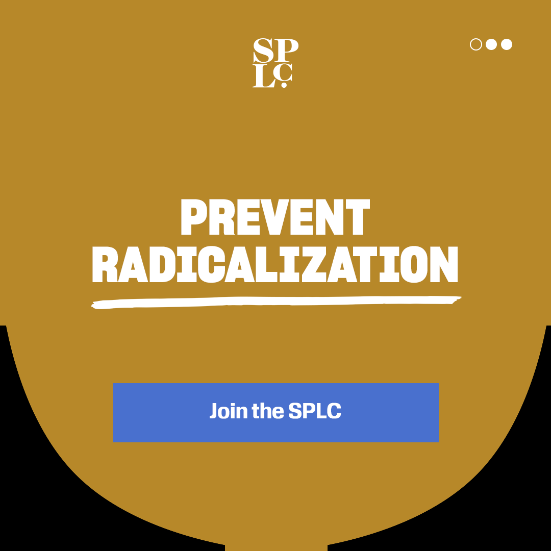 A website or digital graphic promoting the prevention of radicalization, with a call to action to join the SPLC, featuring a gold background, white bold text, and a blue button.